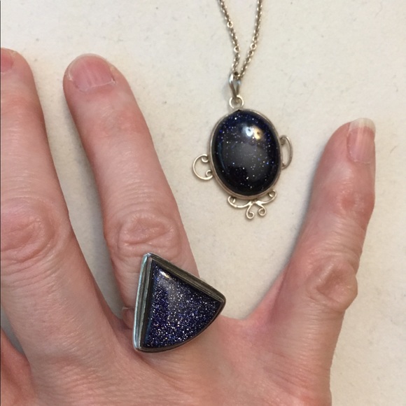 Blue goldstone necklace and 925 sterling silver ring - Picture 1 of 7